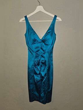 Vintage Cache 1990s 2000s Y2K V-Neck Turquoise Bodycon Ruched Cocktail Dress
